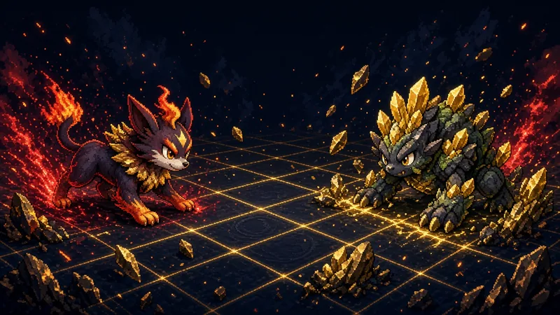 Two monsters facing off in a golden arena — Pokémon Arena 2D