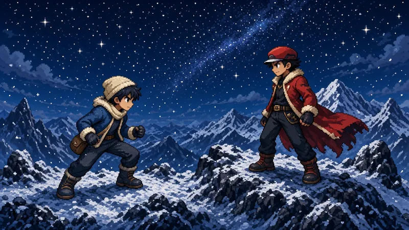 Two pixel trainers facing off on a snowy mountain at night — Daily Red