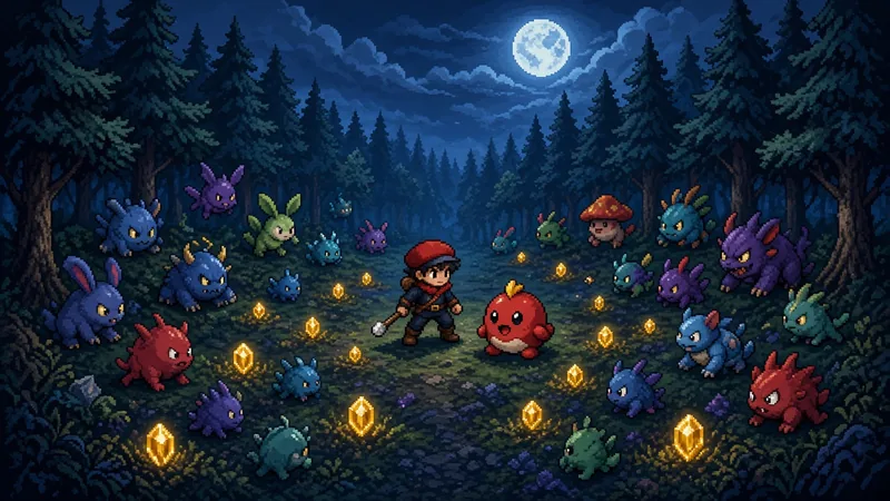 Pixel trainer surrounded by monsters in a moonlit forest — PokeSurvivor
